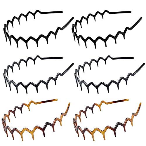 YONOY 6Pcs Zig Zag Shark Tooth Headbands Comb Zigzag Plastic Hoop U Shaped Shark Tooth Hair Bands Wavy teeth Hair Hoop Accessory for Women Lady Girl（Matte black, Glossy black, Turtle color） - Color A - 1 Count (Pack of 6)