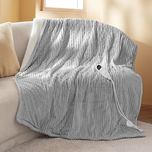 Bedsure Heated Blanket Electric Throw - Soft Ribbed Flannel Electric Blanket, Heating Blanket with 4 Time Settings, 6 Heat Settings, and 3 hrs Timer Auto Shut Off (50x60 inches, Light Grey) - 02 - Harbor Mist - Throw