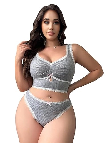 COZYEASE Women's Plus Size 2 Piece Lingerie Set Solid Comfort Lace Camisole and Panty Sets