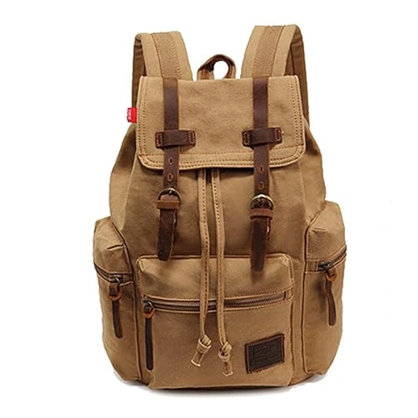 AUGUR High Capacity Canvas Vintage Backpack - for School Travel 12-15" Laptop Backapcks for Men Casual Daypacks Rucksack (M-Khaki)