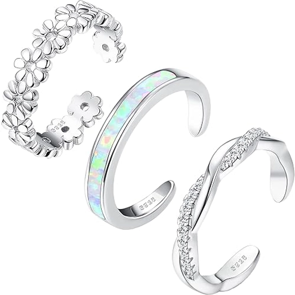 FIASASO 3Pcs 925 Sterling Silver Toe Rings for Women Adjustable 14K White Gold Plated Flower Twist Opal Band Rings Summer Beach Open Toe Rings Foot Jewelry Set
