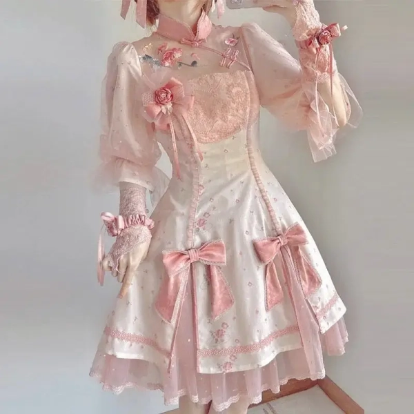 Pastel Pink Cherry Blossom Print Kimono Lolita Dress
