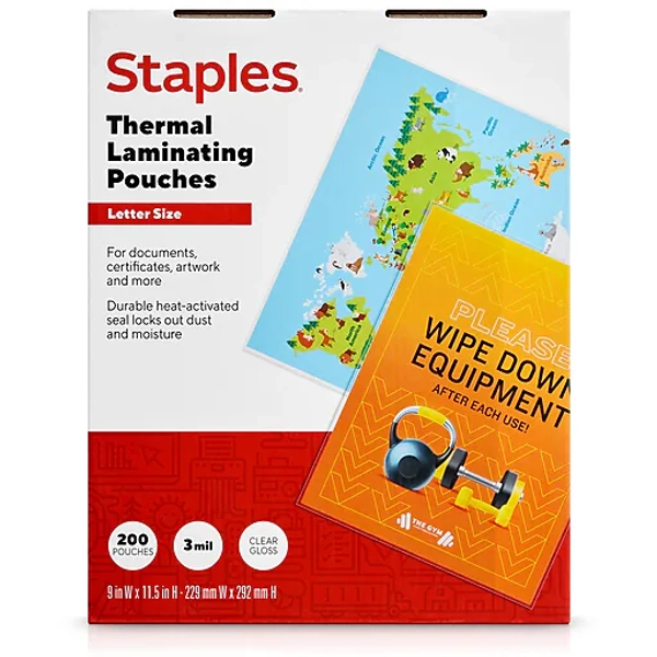 Staples Thermal Laminating Pouches, Letter Size, 3 Mil, 200/Pack (ST61982)