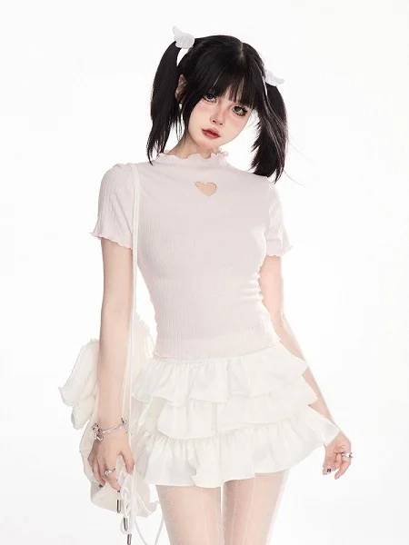 [$32.00]Pink Mock Neck Heart-shaped Cutout Lettuce Hem T-Shirt