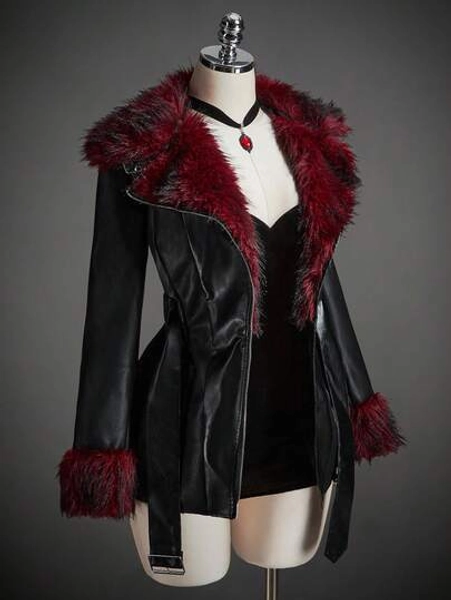 SHEIN ICON Women's Halloween Black Gothic Corset Party Contrast Color Fluffy Leather Party Fashionable Commuter Faux Fur Patchwork Trench Coat Winter,Fall