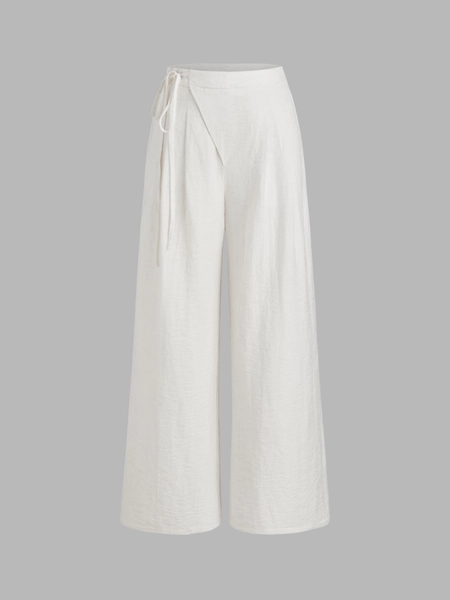 Linen-blend Mid Rise Solid Knotted Pocket Wide Leg Trousers 