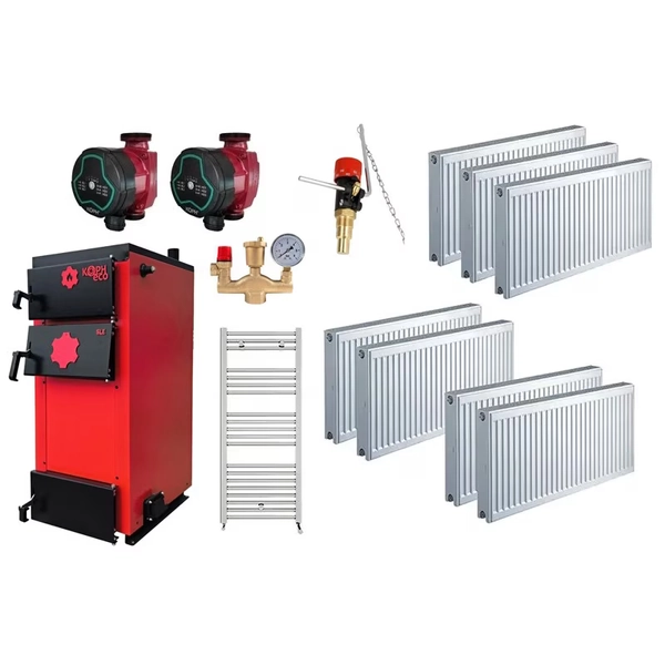Pachet Centrala/Cazan pe lemn KOPH ECO 30 kW, cu ardere standard, 210 mp, volum manta apa 84 litri, diametru cos fum ⌀179 mm, randament 86%, Calorifere cu robineti tur/retur, Pompe de Recirculare, Regulator tiraj