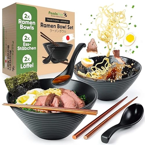 PandaBaw® 2x Ramen Schüssel Set [KERAMIK] - Premium Suppenschüssel, Ramen Bowl Schüssel - Traditionell Asiatisches Japanisches Geschirr Set - Schüssel Ramen Set - Japanische Ramen Bowl Set [+REZEPTE]