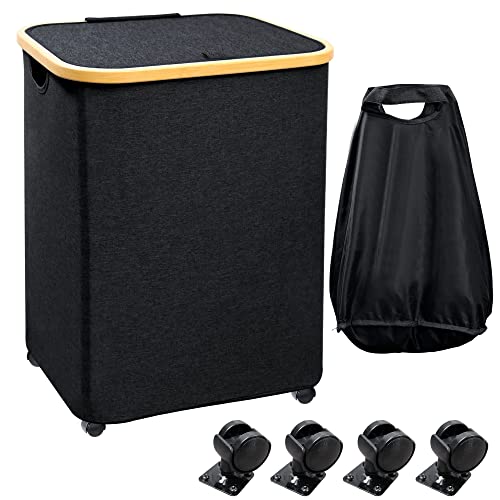 Laundry Basket with Wheels Lid - 73L Rolling Laundry Hamper with Removable Mesh Laundry Bag, Large Collapsible Clothes Hampers Organizer or Bedroom, Laundry Room, Toys Storage Baskets (Black) - black