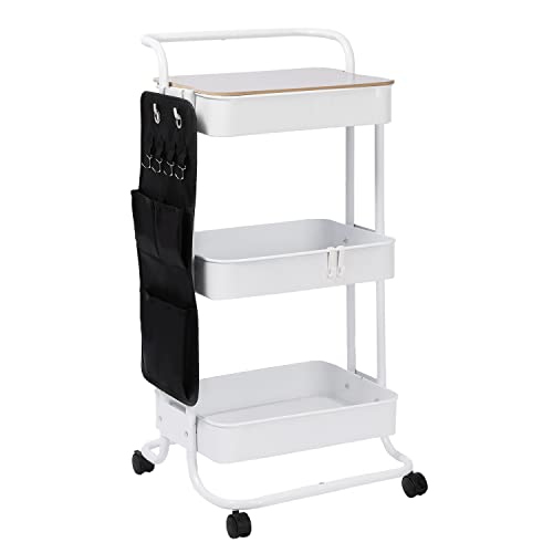 DTK 3 Tier Metal Utility Rolling Cart with Table Top and Side Bags, Metal Tray Storage Organizer Cart with Wheels, Art Craft Cart with 4 Hooks for Kitchen Bathroom Office Living Room (White) - Black Metal