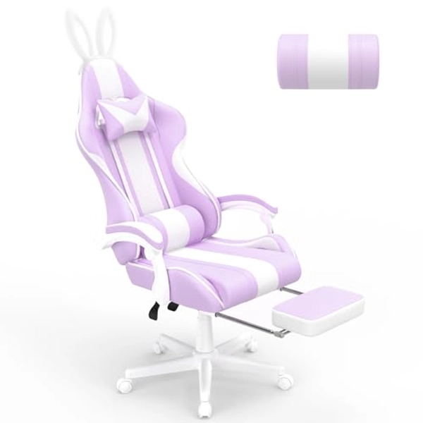 Ferghana Kawaii Light Purple Gaming Chair with Bunny Ears, Ergonomic Cute Gamer Chair with Footrest and Massage, Racing Reclining Leather Office Computer Game Chair for Girls Adults Teens Kids