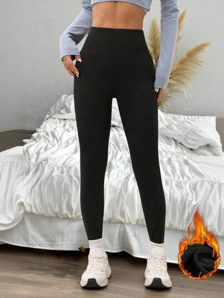 SHEIN PETITE Leggings de mujer de unicolor con cintura elástica y acanalada