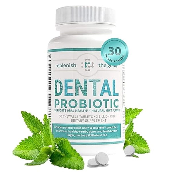 Replenish the Good Dental Probiotic, 30 Sugar Free Chewable Tablets, Mint Flavor - Vegan Supplements w/BLIS K12 & M18 - Boosts Oral Health - Fights Bad Breath (Halitosis), Tooth Decay, Strep Throat