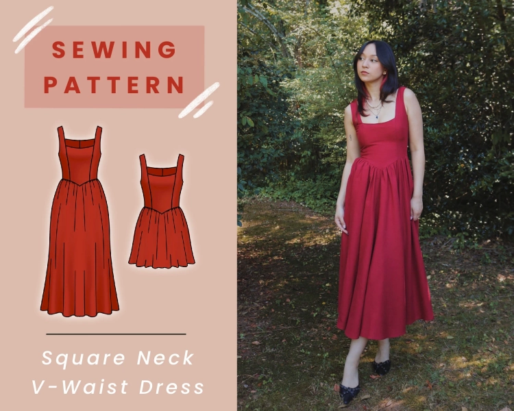 Square Neck V-Waist Dress PDF Sewing Pattern with Mini and Midi Options // US Size 00-14 // Instant Download with 4 Printable Sizes