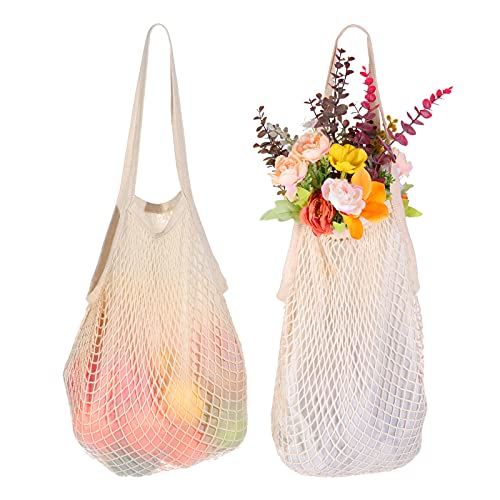 Dayard Reusable Cotton Mesh Bags with Handles, Net Bag Shopping Bag Mesh for Grocery Beach, 2Pcs, One Size - beige
