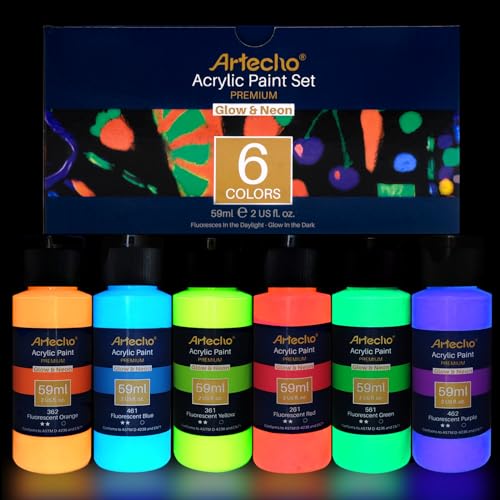 Artecho Acrylic Paint, Paint Set, 6 Neon & Glow in the Dark 2-in-1, 2 Oz Acrylic Paint Supplies for Wood, Fabric, Crafts, Canvas, Leather&Stone - Neon & Glow in the Dark