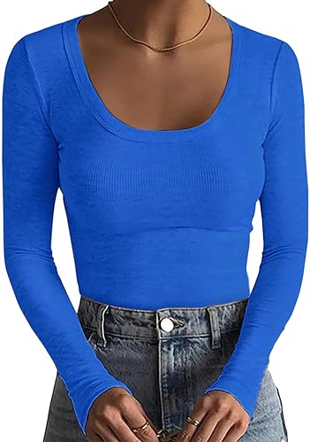 Basicspace Women's Scoop Neck Long Sleeve Stretch Slim Fitted Casual T Shirt Ribbed Basic Shirts - Small - Pure Blue