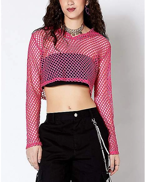 Pink Open Mesh Cropped Hoodie