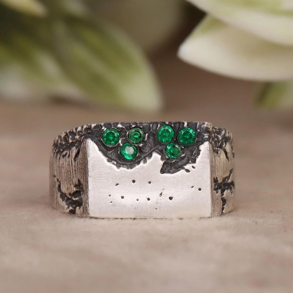 Emerald Ring, 925 Sterling Silver Ring, Emerald Gemstone Signet Ring
