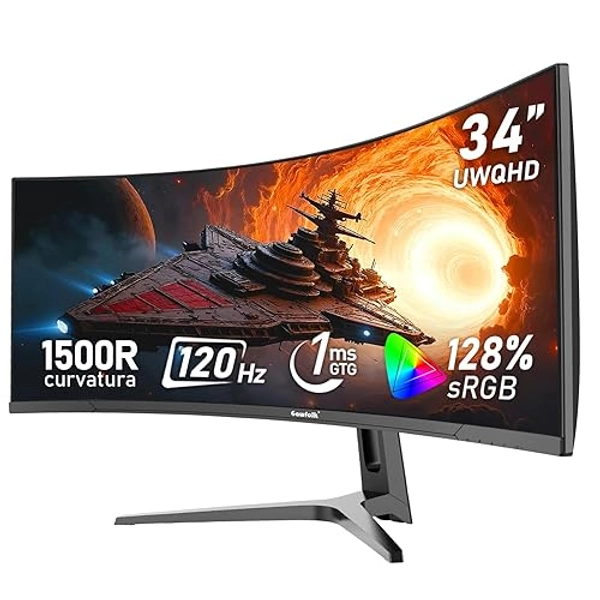 Gawfolk Écran PC Ultra Large 34 Pouces 1500R incurvé 120Hz Gaming Computer Moniteur,21:9 UWQHD(3440x1440)，128% sRGB，FreeSync，HDR，178 ° Angle Vue，DisplayPort、HDMI，VESA 75 * 75MM-Noir