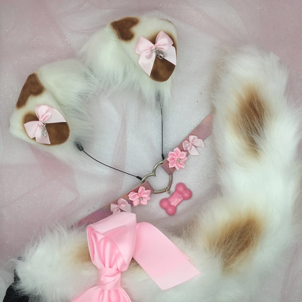Brown / white Cosplay Puppy Dog headband Ears Tail Choker Collar Paw Costume Halloween necklace Fox wolf puppy dog