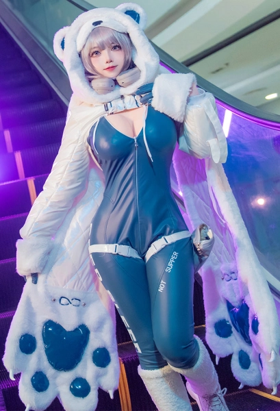 Nikke Neve Cosplay Costume Bodysuit and Plush Coat with Leg Warmers and Hat