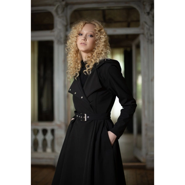 Solid Black, Trendy, Waterproof Double Breasted Silhouette Coat with Belt and Light Satin Lining with Romantic Berry Print | Queen of Spades