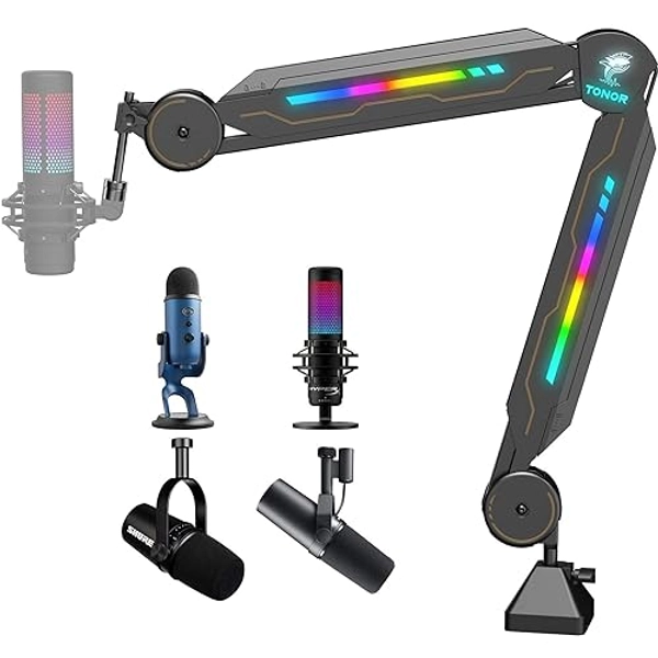 RGB Microphone Boom Arm, TONOR Gaming Mic Stand Streaming Mic Arm for Gamer Discord Youtuber Recording Microphone Arm Compatible with HyperX Quadcast Blue Yeti SM7B MV7 Rode Razer mini T90