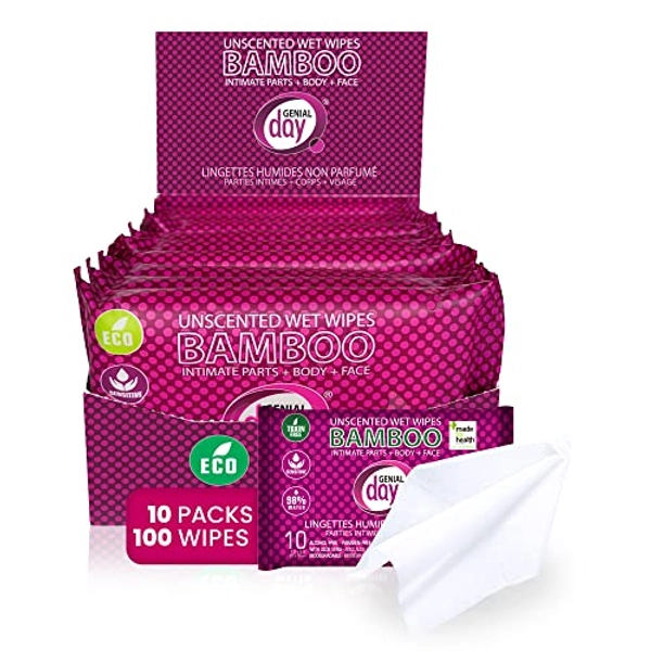 Genial Day - Unscented Bamboo Wet Wipes, Alcohol-Free Adult Wipes, Wet Wipes for Adults with Aloe Vera, Soap & Paraben-Free, Gentle Vegan Formula, 10 Wipes per Pack