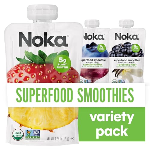 Noka Superfood Fruit Smoothie Pouches, Healthy Snacks Variety Pack, Includes Strawberry Pineapple, Blueberry Beet, Blackberry Vanilla, 6 Count Each Flavor - 4.22 Ounce (Pack of 18)