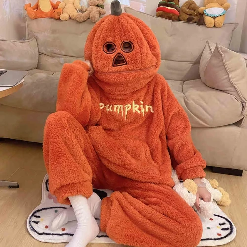 Halloween Pumpkin Letter Embroidery Plush Hooded Pajamas Set