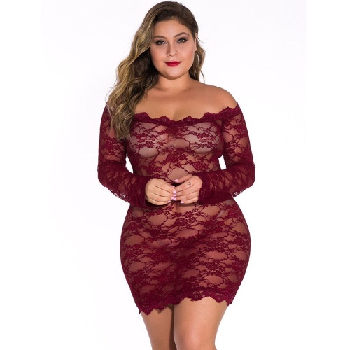 Plus Size Long Sleeve See-Through Jumpsuit seductive Lingerie - 3XL / Jujube Red