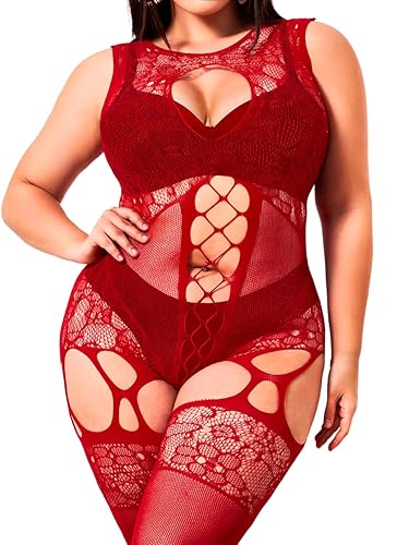 EHSUYAB Plus Size Body Stockings For Women Curvy BBW, Exotic Dancer Lingerie Outfits, Full Sexy Fishnet Bodysuit Rave Party - Red