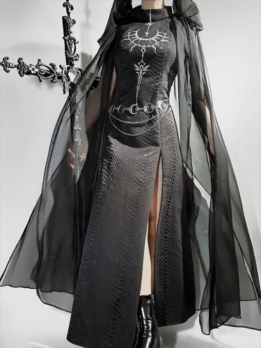 Gothic Crocodile Grain Jacquard Sleeveless Slit Dress / Dress + Chiffon Shawl