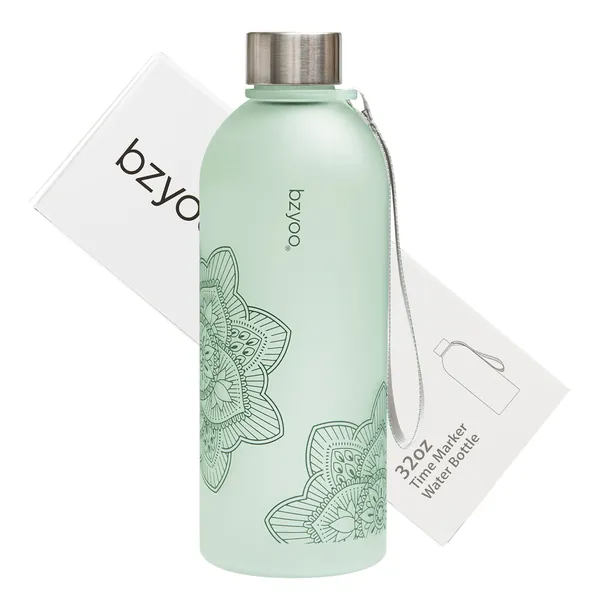 bzyoo 32 OZ 1 Liter Time Marker Water Bottle BPA Free Frosted Durable Plastic With Strap - Reusable Water Bottle With Times To Drink For Fitness Sports Gym Travel Indoor or Outdoor (Color: Green) - Green