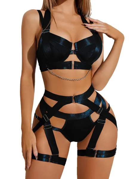 Avidlove Lingerie Set for Women Sexy Strappy Lingerie Underwire Push Up Bra Garter Set Lingerie with Chain