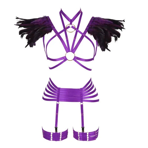 Feathers epaulets Full body harness bra Women's Lingerie cage set Punk gothic garter belt Burning Man Festival rave Halloween