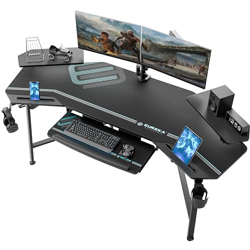 EUREKA ERGONOMIC Aero Gaming Desk with Led Lights, 72" Large Wing-Shaped Studio Desk W Keyboard Tray Monitor Stand Dual Headphone Hanger Cup Holder for Live, Streamer - 72 Inch