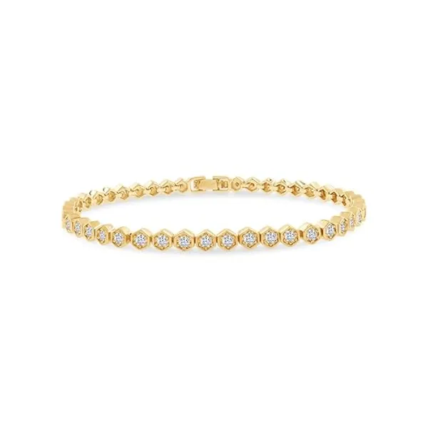 18K Gold Plated 3.7MM Width Moissanite Honeycomb Tennis Bracelet | Gold Bracelet for Women | Moissanite Diamond Bracelets | Moissanite Stacking Dainty Bracelets for Brides Size-6.5 Inch (1.26 Cttw) - Yellow Gold