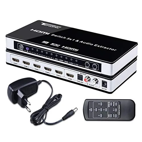 Tendak HDMI Switch, HDMI Umschalter 4K 5 Ports HDMI Verteiler HDMI Schalter 5 auf 1 mit SPDIF und L/R Audio Extractor mit Fernbedienung Unterstützt ARC UHD 3D