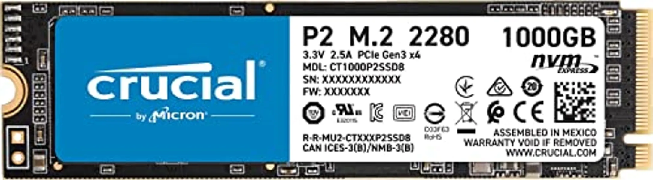 Crucial P2 1TB M.2 PCIe Gen3 NVMe Internes SSD - Bis zu 2400MB/s - CT1000P2SSD8