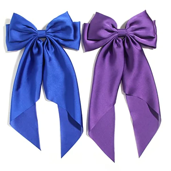 SUSULU Purple Hair Bows for Women, Big Royal Blue Bows for Hair, Metal Clips French Barrette with Long Tail Satin Ribbon Scrunchies Ponytail Hair Accessories 2pcs