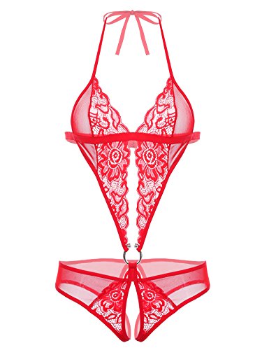Avidlove Women Deep V Lingerie Lace Teddy One Piece Babydoll Mini Bodysuit - Small - Red