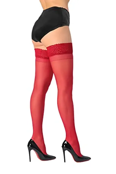 DORALLURE Thigh High Stockings Silicone Lace Top Stay Up Silky Semi Sheer Pantyhose for Women Hold Up Nylon