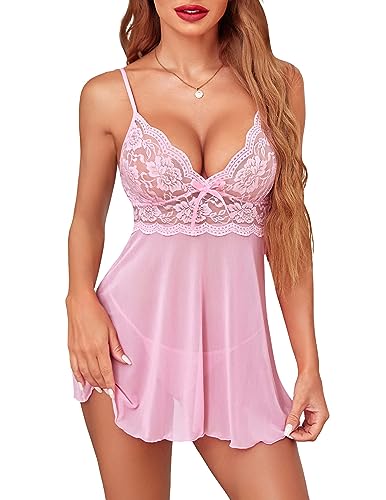 Avidlove Women Lingerie Lace Babydoll Strap Chemise Halter Teddy V Neck Sleepwear - Small - Pink