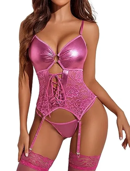 Avidlove Womens Lingerie Faux Leather Lingerie Lace Teddy Bodysuit Sexy Corset With Garter Belt