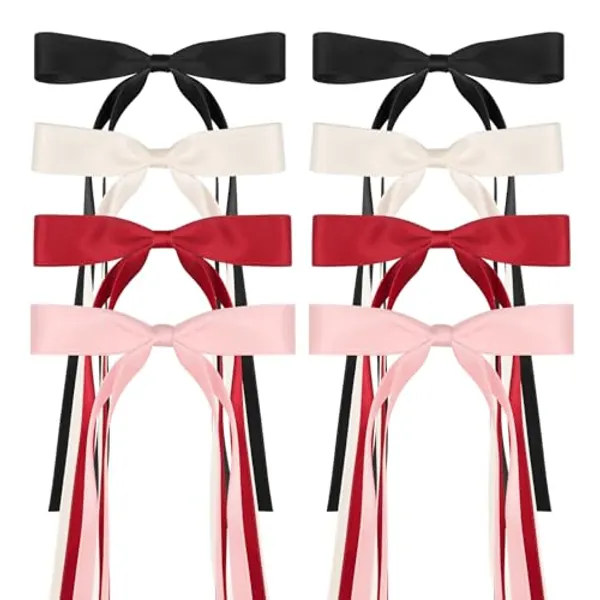 8 PCS Silky Satin Hair Bows with Tassel for Women Grils, Tassel Ribbon Bowknot Hair Clips for Ponytail Holder. Pink, Red Hair Bow and Black, White Barrettes Claw Bow
