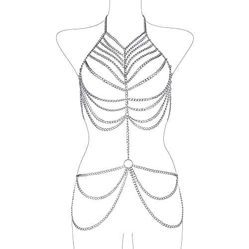 CCbodily Body Chain Jewelry for Women - Fashion Boho Backless Full Body Chain Belly Chain Jewelry Set for Costume Party - Style-1-Silver