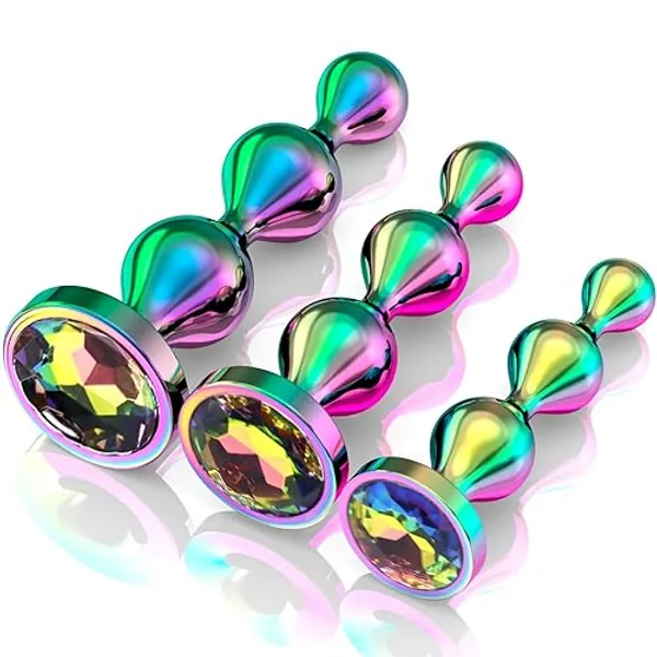 Metal Anal Beads Butt Plug Sex Toys for Men Women and Couples, Anal Trainer Pack of 3 Graduated Stainless Steel Adult Toys, Prostate Massager Mens Anal Training with Luxury Jewelry Design - 3 pieces - 1.0