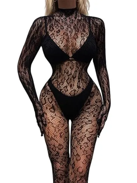 Koinus One Piece Sexy Black Fishnet Bodysuit Lingerie Bodystocking for Women full Body See Through Jumpsuit - One Size
